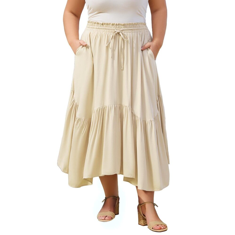 4927 Plus Size Boho Maxi Skirt Tiered Flowy High Waist Long Maxi Skirt